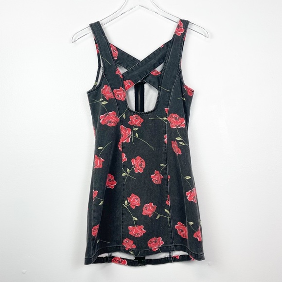 MinkPink Black Denim Dress with Roses, Size S - Picture 3 of 7